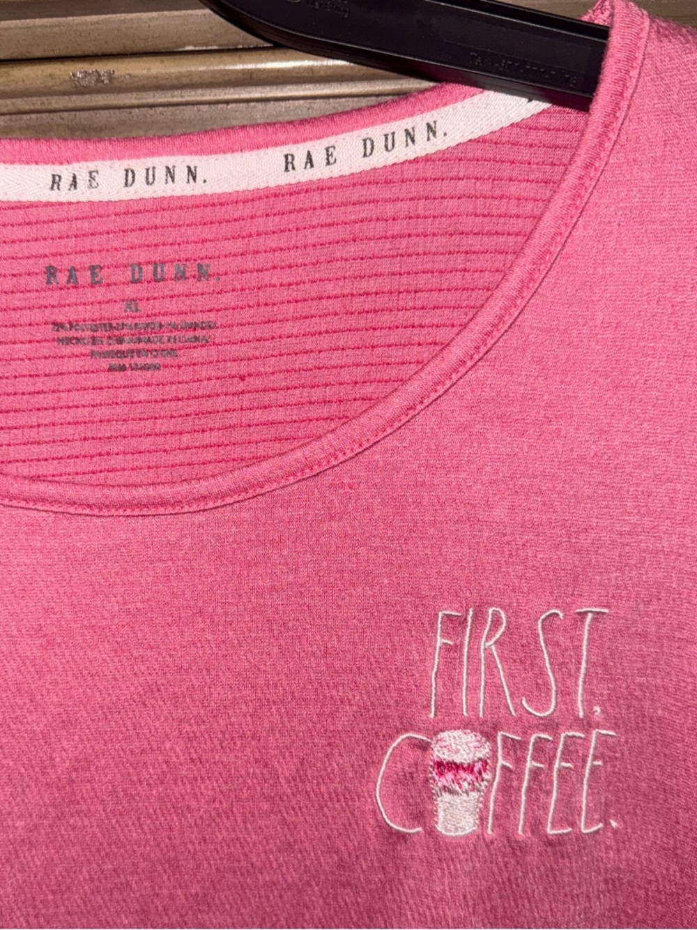 Rae Dunn Pink Short-Sleeve pj top or night gown with 'First. Coffee.' Embroidery